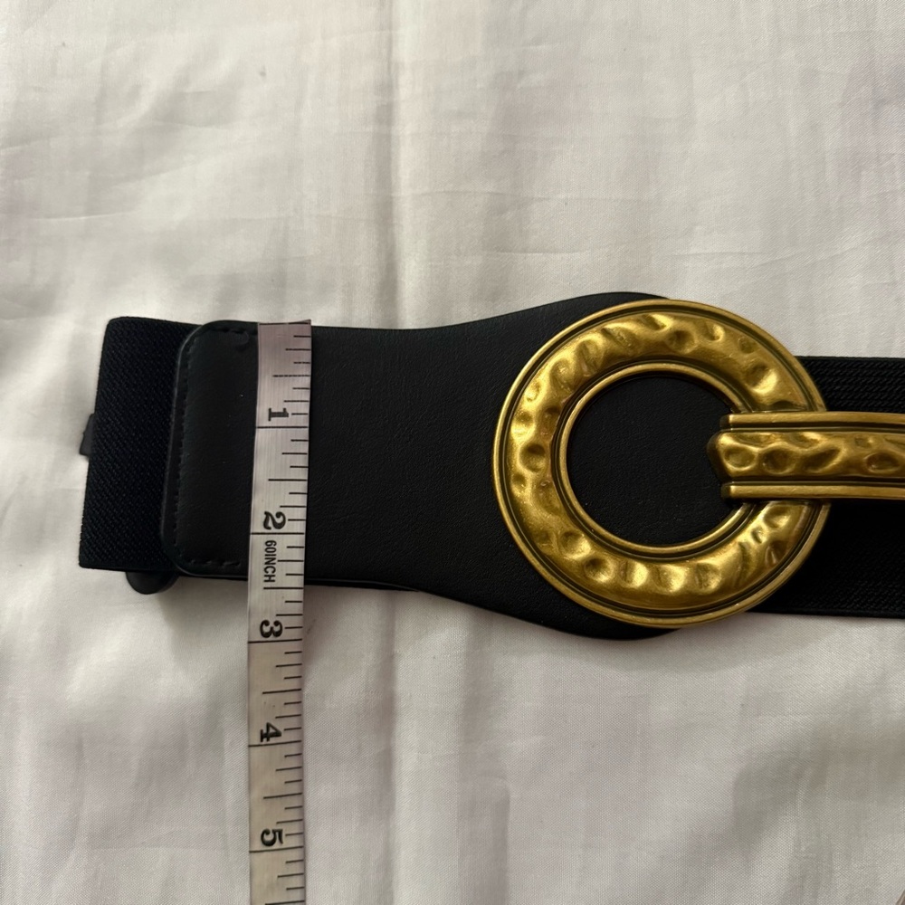 Black elastic waistband belt with old gold tone buckle - Picture 7 of 9